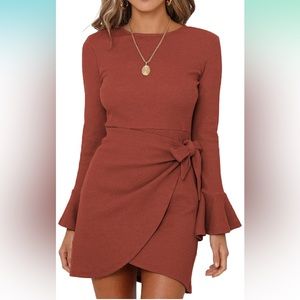 XIEERDUO Tie Waist Bodycon Long Bell Sleeve Mini Wrap Dress for Women
